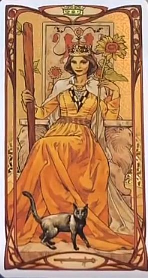 Queen of Wands - Card from Golden Art Nouveau Tarot Art Nouveau Tarot, Art Nouveau Desk, Queen Of Wands, Tarot Decks Art, Wand Tattoo, All Tarot Cards, Wands Tarot, Magia Das Ervas, Tarot Magic