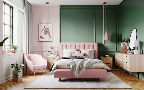 Grey Pink Green Bedroom, Pink And Grey Bedroom Ideas, Pink Green Bedroom, Bedroom Paint Color Ideas, Pink And Grey Bedroom, Pink Green Bedrooms, Bedroom Color Scheme Ideas, Bedroom Ideas For Adults, Bedroom Paint Color