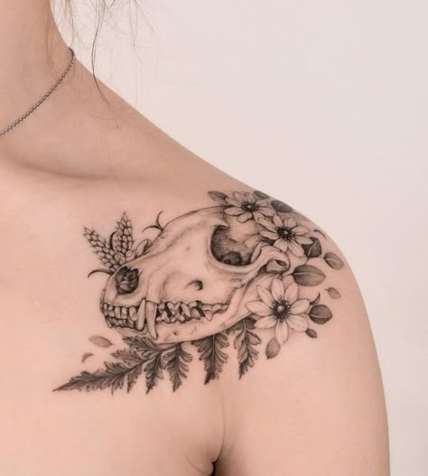 Enchanted Tattoo, Floral Skull Tattoos, Bird Skull Tattoo, Deer Skull Tattoos, Tattoos And Their Meanings, Bull Skull Tattoos, Skull Tattoo Flowers, Clavicle Tattoo, Tattoo Machine Tattoo