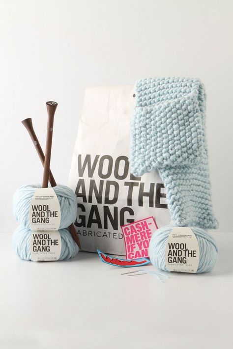 Anthropologie Diy, Wool And The Gang, Pocket Scarves, Cool Packaging, Crocheted Items, Knitted Wit, Pretty Packaging, Creative Packaging, Knitting Kits