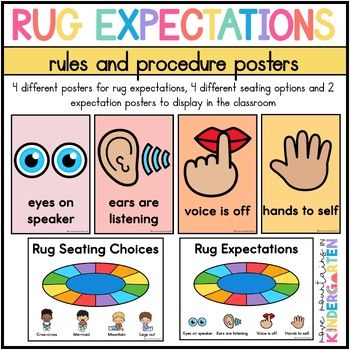 Are you looking for an easy way to teach your students independence when it comes to using your classroom rug in class? Look no further than these Classroom Procedure: Rug Expectation Posters! These poster cards allow you to set your expectations for your students while giving them a visual to refer to!What's included?Print and Go PDF File2 poster display options4 rug expectation posters 4 different seating optionsEasy-to-follow imagesBlack and white versionIs this product editable?No. At this time this product is a PDF file, not editable.Like matchy-matchy? Check out the rest of my Pastel Rainbow Classroom DecorBe the first to see my latest resources and freebies!Click here to follow my storeTerms Of UsePurchase of this resource entitles the purchaser the right to reproduce pages in limit Behavior Incentives Classroom, Self Contained Classroom Decor, Early Childhood Special Education Classroom Setup, Setting Up A Preschool Classroom, Carpet Expectations, Kindergarten Class Rules, Preschool Sign In, Classroom Expectations Poster, Classroom Visuals