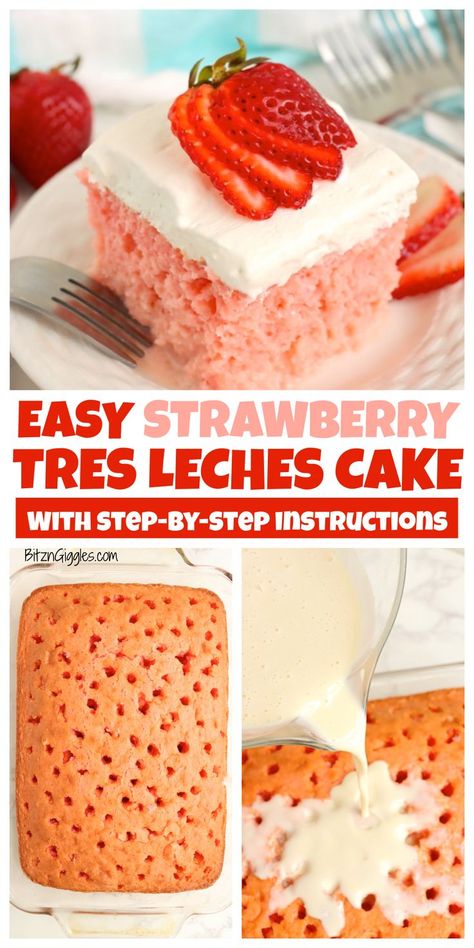 Strawberry Tres Leches Cake, Strawberry Tres Leches, Tres Leches Recipe, Milk Cake Recipe, Coconut Poke Cakes, Apple Chocolate, Strawberry French Toast, Strawberry Cake Easy, Tres Leches Cake Recipe