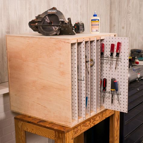 Wooden Garage Shelves, Plastic Lattice, Pegboard Storage, Wooden Garage, Diy Garage Shelves, Diy Garage Storage, Garage Shelf, Family Handyman, Drawer Organizer