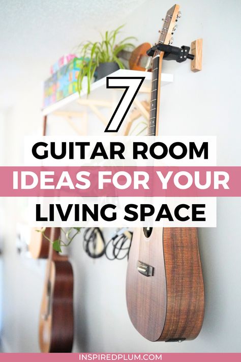 Click to find modern DIY wall mount ideas to display your guitar! We recently set up a designated music area in our living room for our guitars and are loving the results. Decorate With Guitars, Decorating With Guitars Living Rooms, Guitars On The Wall Decor, Boho Guitar Decor, Wall Mounted Guitar Ideas, Diy Guitar Display Case, Guitar In Living Room Decoration, How To Display Guitars On Wall, Guitar Corner Ideas