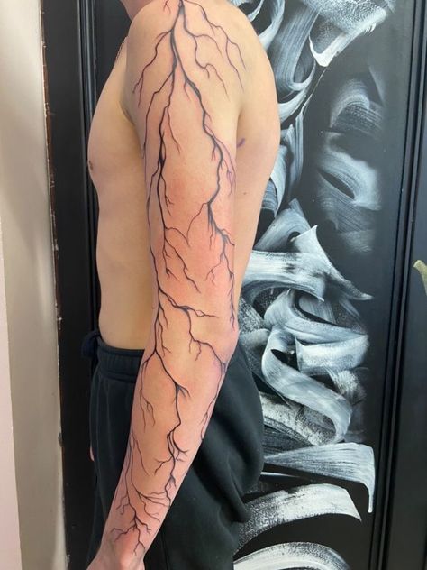 Lightning Bolt Tattoo Arm Sleeve, Two Different Style Tattoo Sleeves, Lighting Tattoo Arm Sleeve, Arm Tattoo Lightning, Full Arm Lightning Tattoo, Lightning Tattoo Men Arm, Forearm Into Hand Tattoo, Arm To Chest Tattoo, Lightning Sleeve Tattoo