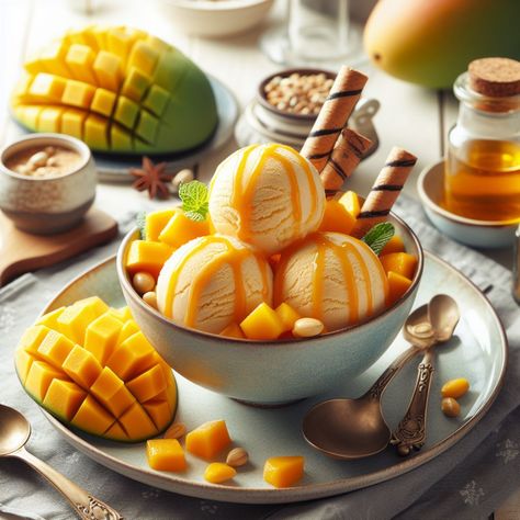 Mango Ice Cream Recipe Homemade Mango Ice Cream, Mango Ice Cream Recipe, Ice Cream Photography, Mango Ice Cream, Front Hair, Mango Puree, Refreshing Desserts, Ice Cream Recipe, Soft Serve