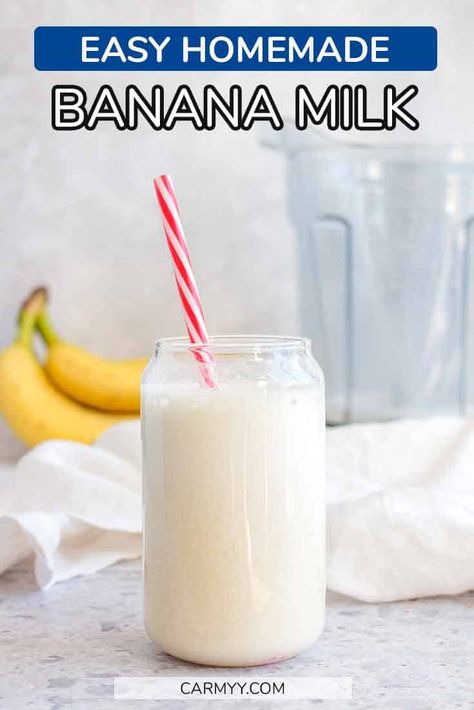 This simple homemade banana milk recipe requires less than 5 ingredients and is made in seconds! Korean banana milk at home. Banana Milk Recipe, Peanut Butter Noodles Recipe, Easy Thai Peanut Sauce, Vegan Peanut Sauce, Banana Drinks, Banana Smoothie Recipe, Buttered Noodles, Refreshing Drinks Recipes, Spicy Peanuts