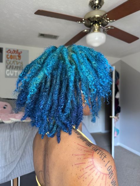 blue locs, dyed locs Blue Peekaboo Locs, Hair Color Ideas For Locs, Loc Hair Colors, Loc Dye, Locs Colors, Pink And Blue Locs, Locs Color Ideas, Blue Tip Locs, Teal Locs Black Women