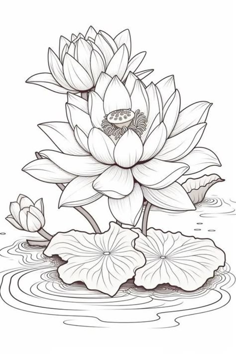 Lotus Drawing, Sunny Flowers, Coloring Worksheet, Flower Drawing Design, Flower Art Drawing, Flower Sketches, Embroidery Tutorial, Flower Coloring Pages, Coloring Book Art