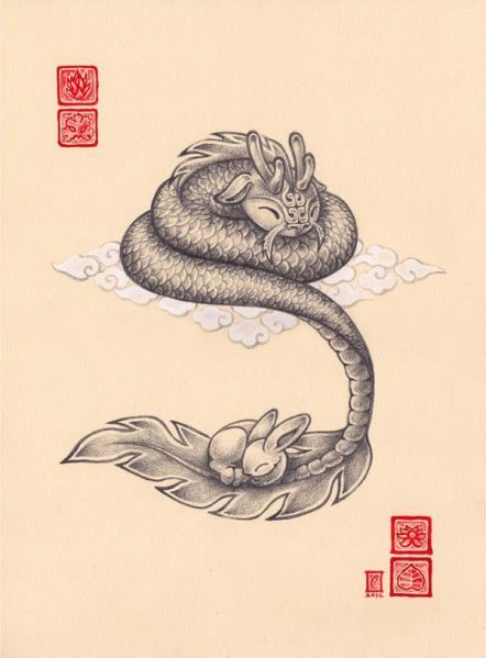 dragon and bunny Earth Rabbit Chinese Zodiac, Sleeping Dragon Tattoo, Dragon And Rabbit, Rabbit Sleeping, Chinese Dragon Drawing, Sleeping Dragon, Rabbit Tattoo, Rabbit Family, Chinese Dragon Tattoos