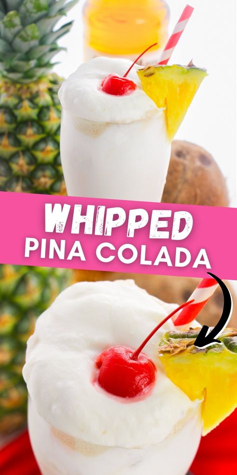 Frozen pina colada with whipped cream, pineapple, and cherry. Whipped Cream Drinks, Pina Colada Recipe With Coconut Milk, Pina Colada Whipped Cream, Pina Colada With Frozen Pineapple, Frozen Pina Colada Recipe, Best Pina Colada Recipe Frozen, Coconut Water Pina Colada, Ultimate Pina Colada Recipe, Coffe Drinks