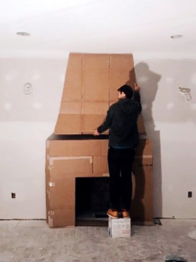 Faux Fireplace DIY//Step 2: Build Your Cardboard Mock-up Concrete Fireplace Diy, Faux Fireplace Diy Cardboard, Faux Concrete Fireplace, Cardboard Fireplace, Faux Fireplace Mantels, Fireplace Diy, Fake Fireplace, Faux Fireplace Diy, Dollar Store Diy Organization