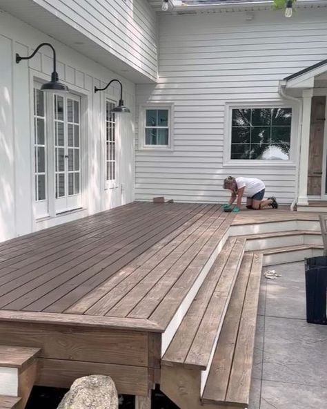 Allie on Instagram: "Porch refresh complete!! This deck needed staining so badly. It had been 7 years since we originally did it, and I’ve learned a few things since then! Swipe right to see the before and after. 😳Sharing all of my tried and true tips and techniques in my recent blog post, as well as saved in my staining highlight. Also sharing how we keep our wood in such good shape. . The exterior of our home is the first impression we give people. Taking the time to spruce it up is definitel Porch Stain, Porch Refresh, Porch Wood, House In The Country, Wooden Porch, Staining Deck, Backyard Landscape, Swipe Right, Wood Deck