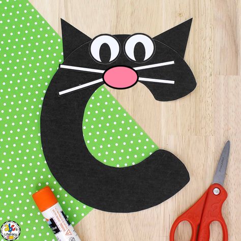 This Letter c cat Craft is a creative letter recognition activity for preschoolers to create when they are learning about the letter c. C For Cat Craft Preschool, Letter C Craft For Preschool, Letter C Cat Craft, Alphabet Animal Crafts, Letter C Arts And Crafts For Preschool, Letter C Crafts For Toddlers, C Is For, Cat Crafts For Kids, Letter C Art