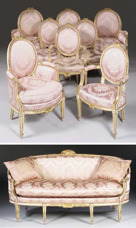 A MATCHED SUITE OF LOUIS XVI WHITE-PAINTED AND PARCEL-GILT SEAT-FURNITURE | BY PILLOT | Christie's Ebanista Furniture, New Classic Design, Rococo Interior, Louis Xvi Chair, Louis Xvi Furniture, Rustic Furniture Diy, French Sofa, Upscale Furniture, Luxury Italian Furniture