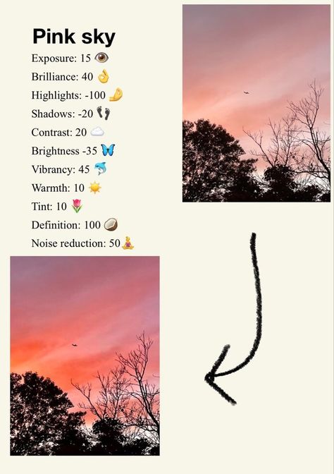 Edits For Iphone, Pink Sky Filter, Sky Pic Editing, How To Edit Sky Pictures, Editing Sky Pictures, Pink Sunset Editing Iphone, Sunset Picture Editing Iphone, Pink Photo Edit Iphone, Cloud Photo Editing