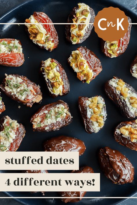 Stuffed dates are an easy, no-cook appetizer (or snack!) that can be made in a variety of ways. Fill fruity and chewy dates with FOUR creamy, cheesy, and savory fillings to get your sweet and salty fix. Make just one type or make them all! Dates Stuffed With Almonds, Dates Stuffed With Cream Cheese, Date Recipes Medjool Stuffed, Savory Dates Recipes, Sausage Stuffed Dates, Dates Filling Ideas, Date Hors D’oeuvres, Appetizers Using Dates, Easy Stuffed Dates