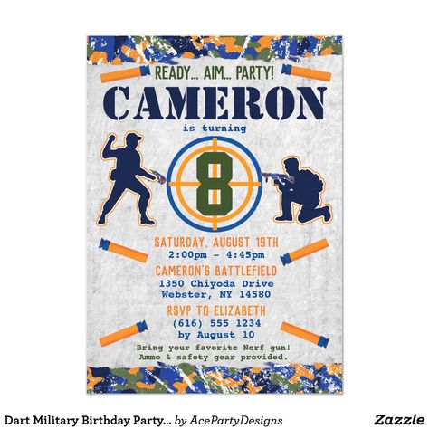 Dart Military Birthday Party Dart Camo Soldiers Invitation Nerf Party Invitations, Camo Birthday Party, Camo Birthday, Nerf Birthday Party, Nerf Party, Boy Birthday Invitations, Laser Tag, 6th Birthday Parties, Invitation Digital