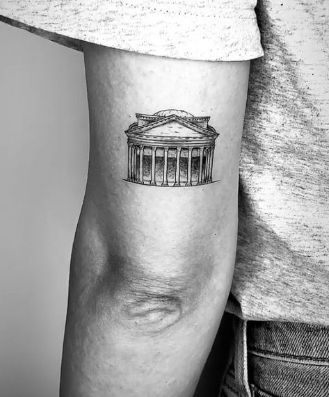 Athens Tattoo Ideas, Greek Temple Tattoo, Pantheon Tattoo, Greek Architecture Tattoo, Parthenon Tattoo, Ancient Rome Tattoo, Christian Tattoos Men, Athens Tattoo, Tattoo Paw