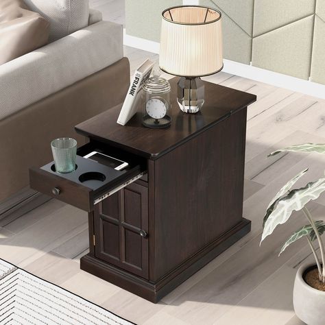 PRICES MAY VARY. 💕【Retro Side End Table】Every sofa’s sidekick, end tables display decor, hold TV remotes and beverages, and round out seating ensembles in style. The inside of this product, as well as its back finish. Including an elegant door, a drawer and a hidden storage space on the desktop. 💕【Multifunctional Drawer with Cup Holders】The multi-function drawers in the table top, have a layer of room that provide some place for cup holders and remote controls. Remove the partitions, you can u Classic Side Table, Colorful Bedroom, Narrow Table, Coffee Room, Nordic Furniture, Bedside Night Stands, Sofa End Tables, Vintage Living Room, Living Room End Tables