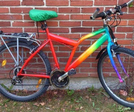 Bike Makeover, Burning Man Bike, Rainbow Bike, Crafty Witch, Bicycle Paint Job, Paint Bike, Red Spray Paint, Biking Diy, Rainbow Order