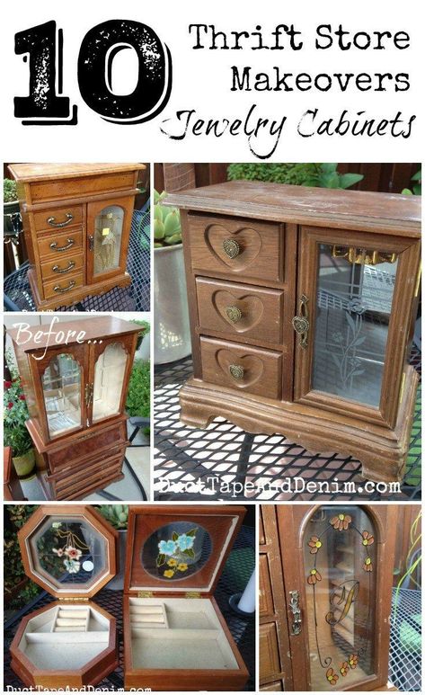 Top 10 Jewelry cabinet and box makeovers on http://DuctTapeAndDenim.com - All pieces I found at thrift stores and garage sales! Refinished Jewelry Boxes, Parent Bedroom, Upcycle Boxes, Diy Jewelry Cabinet, Thrift Store Diy Projects, Box Makeover, Thrift Store Upcycle, Jewelry Box Makeover, Thrift Store Makeover