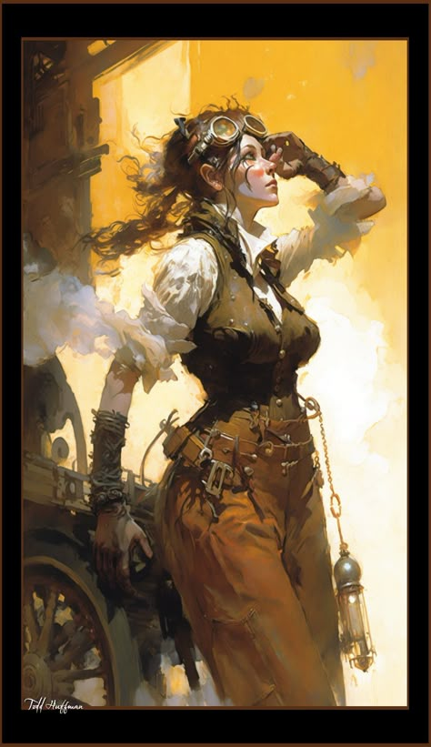 Steampunk Engineer Female, Steampunk Pinup Art, Steampunk Journalist, Human Artificer Female, Steampunk Mechanic Character Design, Steampunk Woman Art, Mechanic Character Design, Steam Punk Character Design, Steampunk Samurai