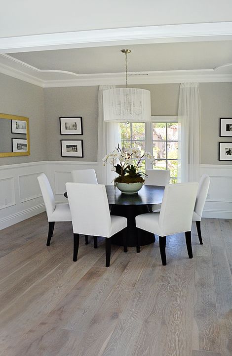 dining room, wainscoting, french white oak floor, ceiling design Dining Room Decor Wainscoting, Two Tone Wainscoting Dining Room, Half Wall Molding Dining Room, White Wainscoting Dining Room, Cream Color Dining Room, Dining Room Wall Beading, Small Living Room Wainscoting, Waynescotting Dining Room, Dining Room White Oak Floor