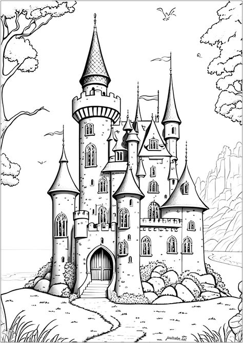 Majestic castle that rises to the sky, made of stone walls and pointed towers. The main door is large and imposing and each turret is topped by a flag that flies in the wind. Immerse yourself in the world of Disney's fairy tales with this beautiful and 100% original castle... Fairy Tale Coloring Pages, Castle Drawing Easy, Disney Castle Drawing, Fairytale Drawings, Village Drawing, Castle Coloring Page, Self Portrait Art, Castle Drawing, Fairy Castle