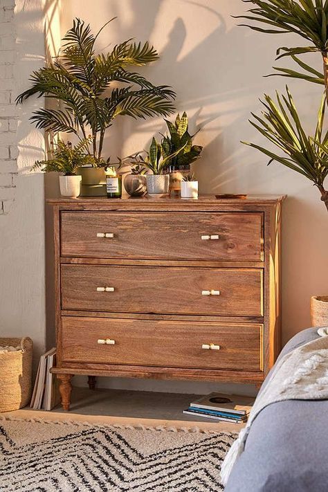 Boho 3-Drawer Dresser  | Scandinavian Interior Design | #scandinavian #interior Bohemian Platform Bed, Boho Dresser, Boho Furniture, Casa Vintage, Wooden Dresser, 아파트 인테리어, Decoration Inspiration, Boho Living Room, A Living Room