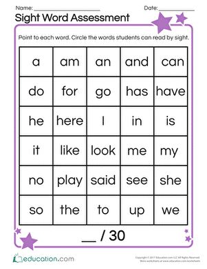 Take time to conduct a helpful sight word assessment with this reading exercise. This worksheet asks students to circle high frequency words such as “am,” “look,” and “in” that they can recognize by sight. This worksheet is great for evaluating where your students stand when it comes to their kindergarten sight words. #educationdotcom Words Kindergarten, Sight Word Assessment, Sight Word Worksheets Free, Sight Word Worksheet, For Kindergarten, Tutoring Ideas, Kindergarten Assessment, Word Flashcards, Games For