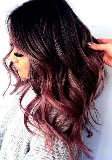 Lavender Hair Tips Brunette, Dark Hair Rose Gold Balayage, Brunette To Rose Gold Hair, Dark Hair With Pastel Highlights, Brunette And Rose Gold Hair, Rose Gold On Dark Hair, Brunette Hair With Rose Gold Peekaboo, Rose Gold Balayage Black Hair, Rose Gold Highlights Black Hair