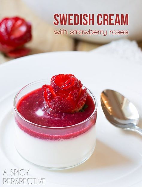 Silky Swedish Cream with Berry Compote and Strawberry Roses #valentinesday Swedish Cream, Roses Video, A Spicy Perspective, Strawberry Roses, Berry Compote, Scandinavian Food, Recipe Dessert, People Smile, Swedish Recipes