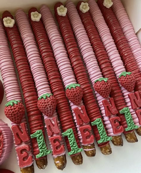 Strawberry Themed Pretzel Rods, Strawberry Shortcake Pretzels, Berry 1st Birthday Dessert Table, Berry First Birthday Sweets Table, Strawberry Shortcake Treats Table, Strawberry Party Treats, Strawberry Theme Treats, Berry First Birthday Treats, Quince Sweets Table