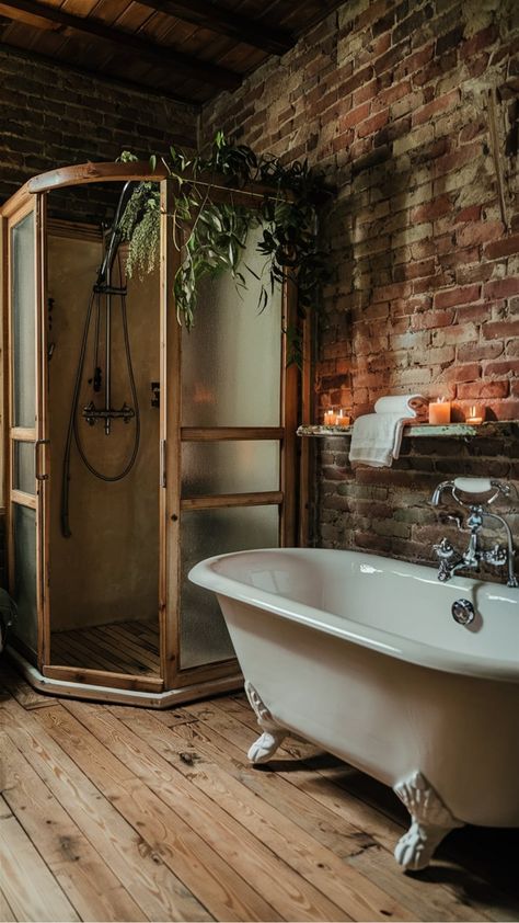 Charming Rustic Bathroom with Clawfoot Tub and Vintage Accents High Ceiling Shower Ideas, Brick Walk In Shower Ideas, Bathroom With Beams, Shower Rooms Walk In, Rustic Bathroom With Clawfoot Tub, Bathroom Ideas Western, Shower With Two Heads, Brick In Bathroom, Brick Wall In Bathroom