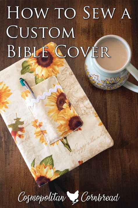 You can make a cloth bible cover to perfectly fit your own bible. This article includes a how-to video, taking you through the entire process. #biblecover #DIYbiblecover #clothbiblecover #sewabiblecover #howtomakeabiblecover Quilt Book Cover, Cosmopolitan Cornbread, Custom Bible Cover, Bible Cases, Bible Bag, Fabric Book Covers, Book Cover Diy, Custom Bible, Sewing Machine Projects