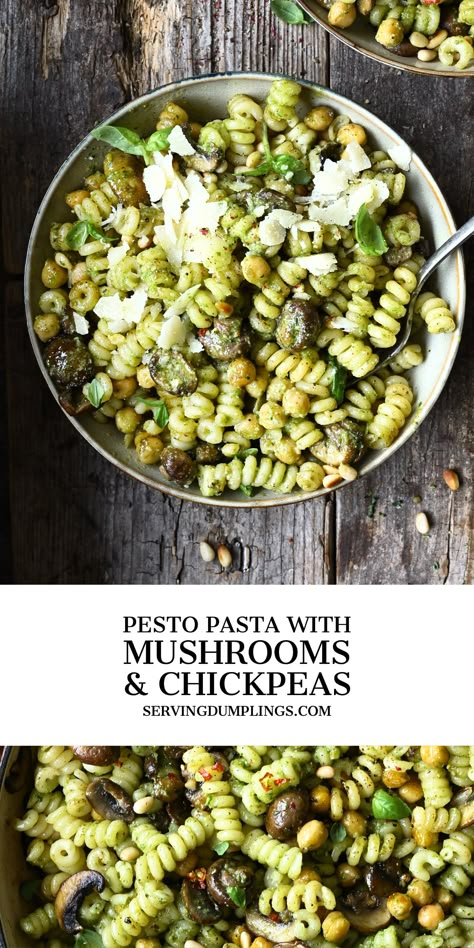 Chickpea Pesto Pasta Salad, Chickpea Pesto Salad, Vegi Pasta Recipe, Pesto Chickpea Pasta, Mushroom Pasta Salad, Mushroom Pea Pasta, Pesto Mushroom Pasta, Pesto Chickpeas, Chickpea Pasta Recipes