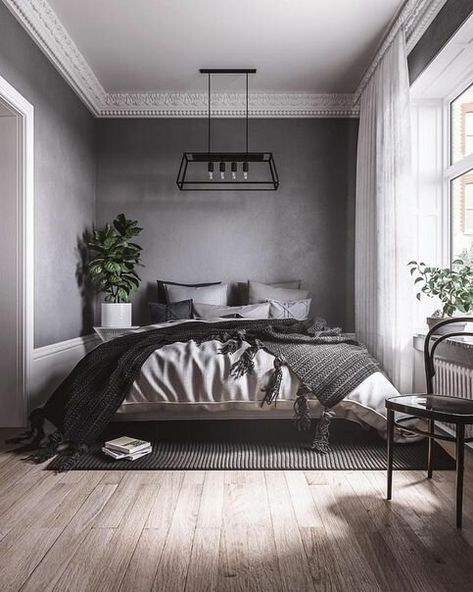 Earthy Room, Black And Grey Bedroom, Apartemen Studio, Grey Bedroom Design, Loft Apartments, Mens Bedroom Decor, Grey Bedroom Decor, Dark Bedroom, Classy Bedroom