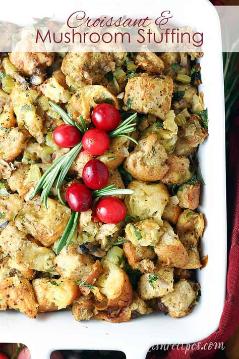 Croissant and Mushroom Stuffing Green Bean Casserole Cups, Mushroom Stuffing, Vegetarian Stuffing, Turkey Stuffing Recipes, Cranberry Sauce Thanksgiving, Easy Holiday Recipes, Turkey Recipes Thanksgiving, Delicious Thanksgiving, Cranberry Recipes