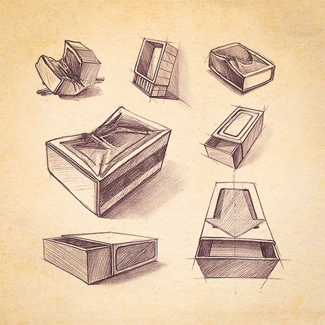 Sketch Matchbox Sketch, Matchbox Drawing, Ems Tattoos, Perspective Sketch, Matchbox Art, Object Drawing, Industrial Design Sketch, Perspective Art, Still Life Drawing