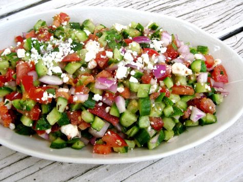 Shepherd's Salad with Cucumber, Tomato, Red Onion, and Feta Cucumber Red Onion Salad, Autumn Dinner Party, Meal Salads, Salsa Dips, Autumn Dinner, Red Onion Salad, Egyptian Food, Side Dishes Recipes, Recipe For Success