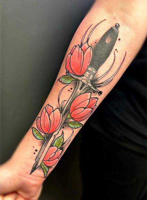 Neo Traditional Tulip Tattoo, Neo Traditional Dagger Tattoo, Tulips Tattoo, Traditional Dagger Tattoo, Traditional Dagger, Tulip Tattoo, Knife Tattoo, Dagger Tattoo, Neo Traditional