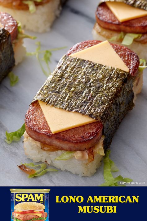 Sizzled slices of SPAM® classic are wrapped up in a band of nori with caramelized onions, lettuce and a secret sauce for all the flavor of a SPAMBURGER™ hamburger served musubi style. Spam Musubi Recipe, Musubi Recipe, Hawaiian Snacks, Seaweed Wrap, Spam Recipes, Sushi Recipes Homemade, Cafe Idea, Japanese Cafe, Spam Musubi