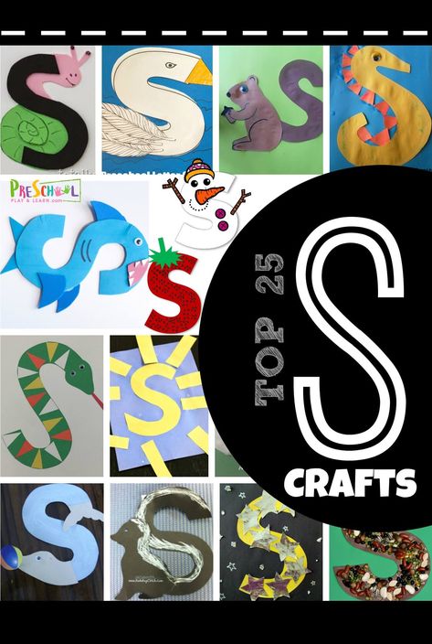 TOP 25 Letter S Crafts - lots of fun alphabet crafts for kids from toddler, preschool, and kindergarten age kids covering sun, shark, skunk, snail, swan, strawberry, snowman, starts, and more! #alphabet #craftsforkids #preschool Letter S Kindergarten, Preschool Letter S, Letter S Crafts, Letter S Activities, Preschool Letter Crafts, Snake Crafts, Kindergarten Craft, Sun Crafts, Arts And Crafts Interiors