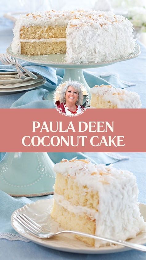 Paula Deen Coconut Cake Paula Deen's Coconut Cake, Taste Of Home Coconut Cake, Cream Cheese Coconut Cake, Paula Dean Cake Recipes, Coconut Cake With Sour Cream Frosting, White Cake With Coconut Frosting, Coconut Cake Frosting Recipe, Layered Coconut Cake, Coconut Cake With Cream Cheese Frosting