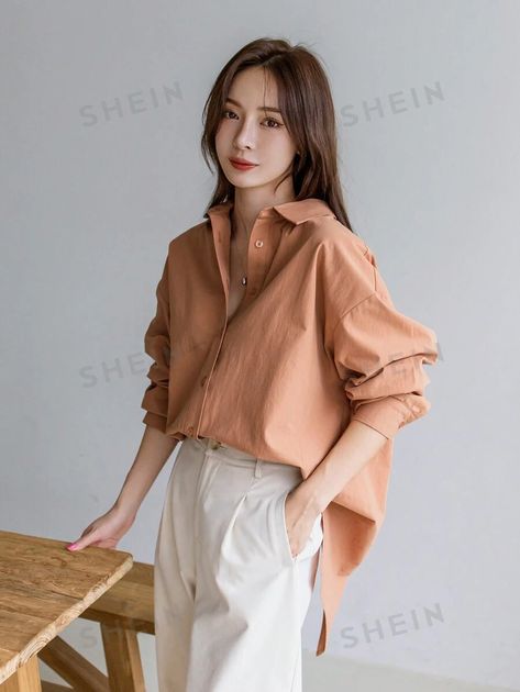 Peach Shirt Outfit For Women, Peach Shirt Outfit, Coral Outfit, Coral Shirt, Peach Shirt, Plain Shirt, Orange Shirt, Spring Women, Coral Orange