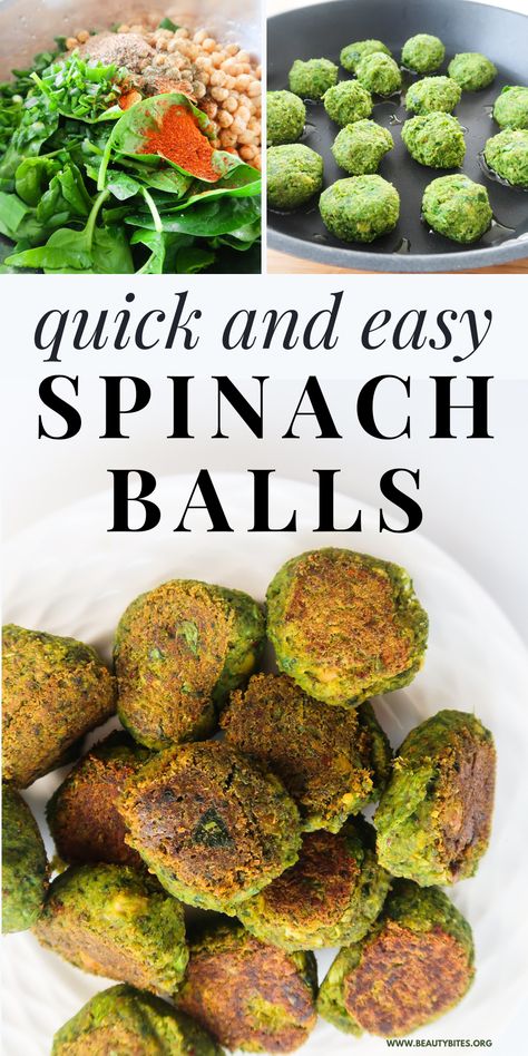 Healthy spinach balls - easy to make, vegan, gluten-free, tasty, great as an appetizer or even main dish with some salad, it's the perfect spring recipe and it's good for meal prep too! Spinach Falafel, Alu Paratha, Easy Spinach Recipes, Gi Recipes, Spinach Bites, Spinach Recipes Healthy, Spinach Meatballs, Vegan Falafel, Spinach Balls