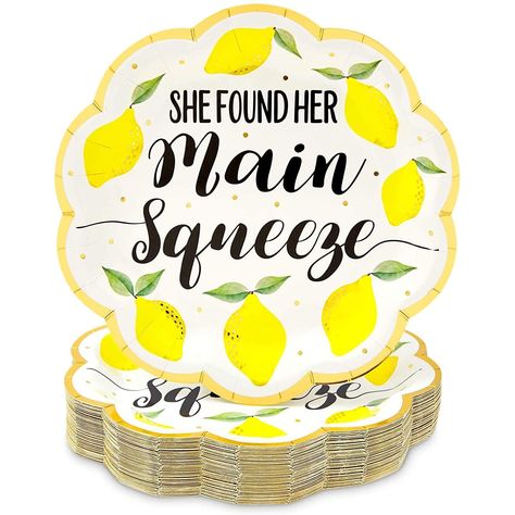 PRICES MAY VARY. Serves 48: Our dinnerware set includes 48 party plates that will instantly elevate your dining table, buffet, or dessert table setting while complementing your lemon party decorations Bridal Shower Party Decorations: The scalloped paper plates feature lemons and reads "She Found Her Main Squeeze", ideal for creating a celebratory atmosphere and a perfectly coordinated theme for your upcoming bridal shower party Quick And Easy Clean-Up: An ideal alternative to traditional plastic Lemon Party Decorations, She Found Her Main Squeeze, Found Her Main Squeeze, Lemon Themed Bridal Shower, Plastic Party Plates, Bridal Shower Inspo, Yellow Party, Main Squeeze, Lemon Decor