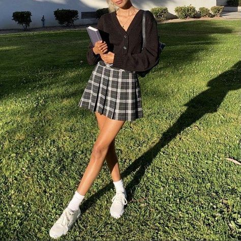 Mini Skirt And Shoes Outfit, Mini Skirts And Sneakers Outfit, Plaid Skirt Sneakers Outfit, Black And White Checks Skirt Outfit, Plaid Skirt School Outfit, School Skirts Outfit, Black Plaid Pleated Skirt Outfit, Black And White Tennis Skirt Outfit, How To Style Plaid Mini Skirt