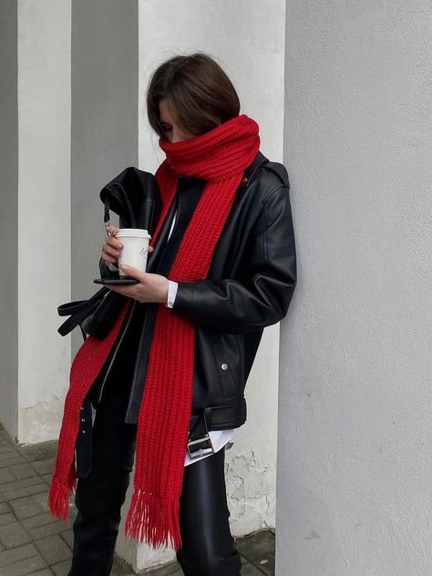 Red Knit Scarf Outfit, Red Knitted Scarf, Red Muffler Outfit, Red Scarf Aesthetic, Muffler Outfit, Wool Scarf Outfit, Chunky Scarf Outfit, Knitted Muffler, Red Scarf Outfit